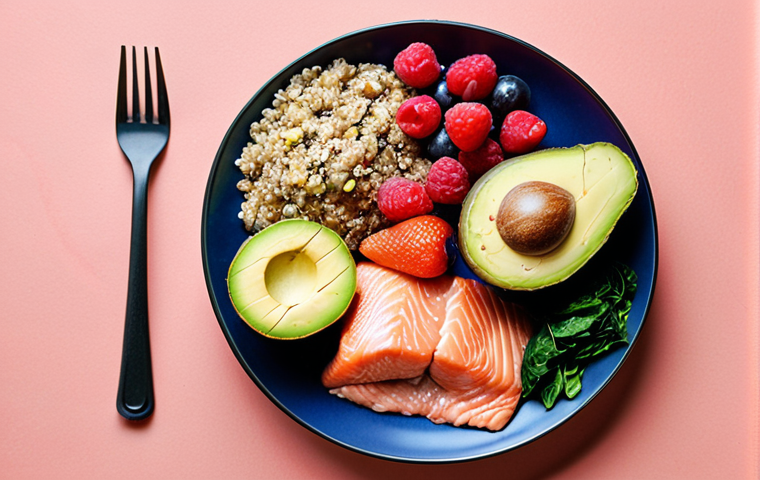 **
"A colorful anti-inflammatory diet plate. Focus on vibrant fruits (berries, leafy greens) and vegetables, whole grains (oatmeal, quinoa), and healthy fats (salmon, avocado, olive oil). Show it as a delicious and appealing meal."
**
